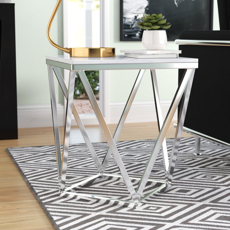 Burgett Stainless Steel Metal Side End Silver Accent Table with Marble Top