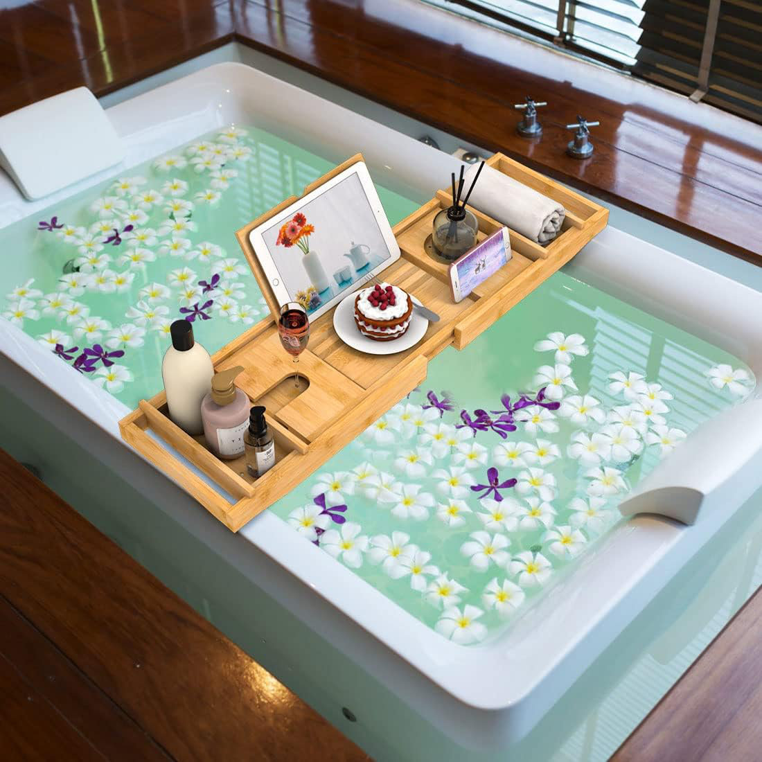 Bathtub Tray Caddy,Premium Bamboo Expandable Bath Tub Trays Table
