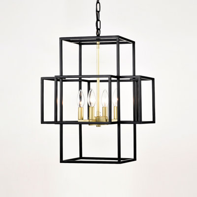 Luminaire suspendu industriel à 4 lanternes - noir mat et doré, plafonnier à hauteur réglable pour bureau, salle de conférence dorée, couloir de luxe, escalier, bureau