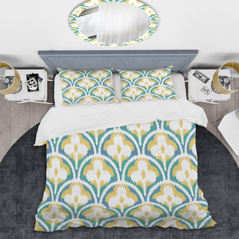 Green Ikat Ogee - Ensemble de housse de couette abstrait - Microfibre de polyester
