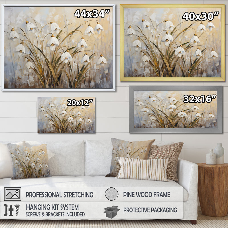 Minimalisme «Snowdrop Flowers Harmony I» sur toile, Cadre simple argenté, H 16 po x l 32 po x P 1 po