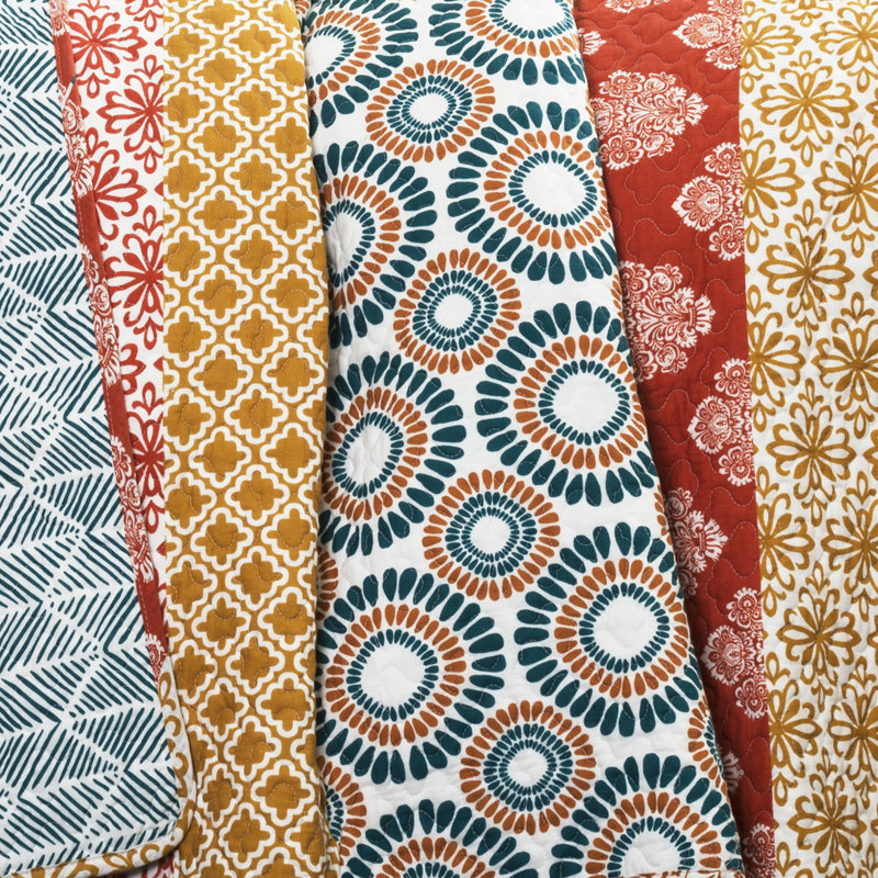 Bohemian 100% Cotton Reversible 3-Piece Quilt Set, Turqoise/Orange Geometric, King Quilt + 2 King Shams