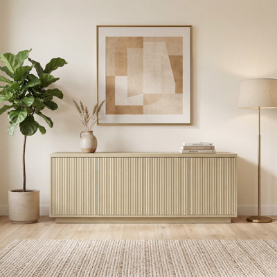 Spacious 4-Door TV Stand for 75-Inch TV – Mid-Century Style with Fluted Fronts and Easy Cord Management