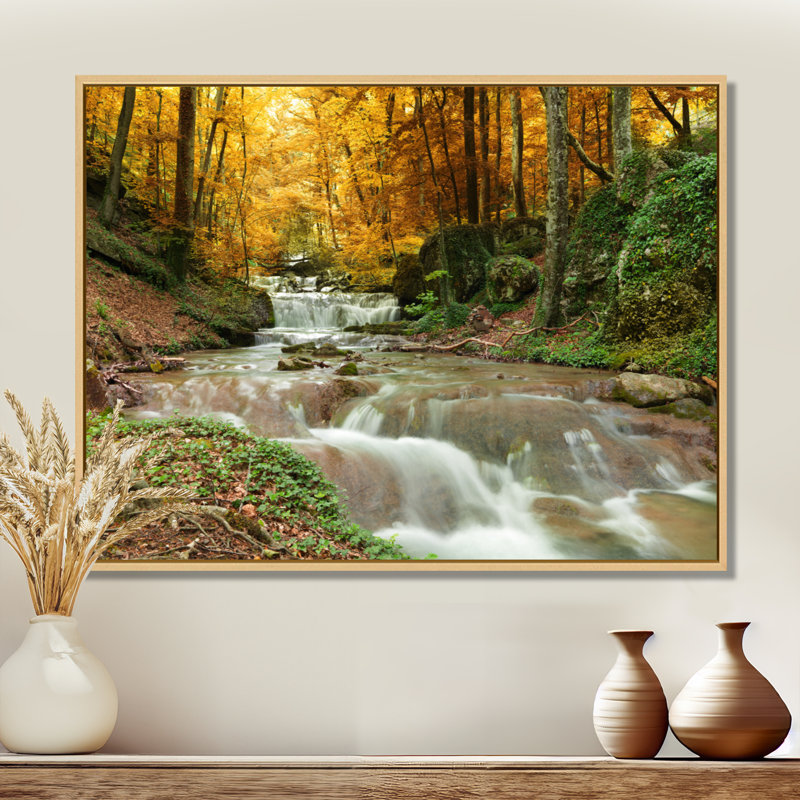 Forest Waterfall, Yellow Trees - Photograph Print, 12" H x 20" W, Floater Framed, Maple