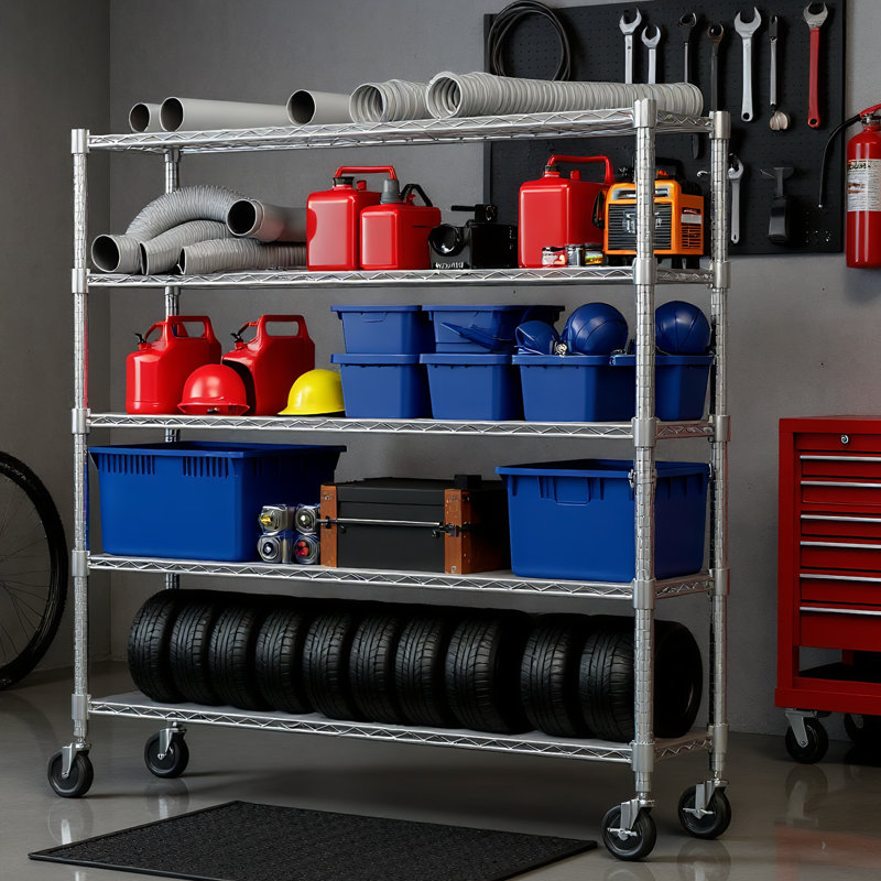 Étagère robuste en fil de métal avec roulettes, capacité de 800 lb, support de rangement de garage réglable, Argent