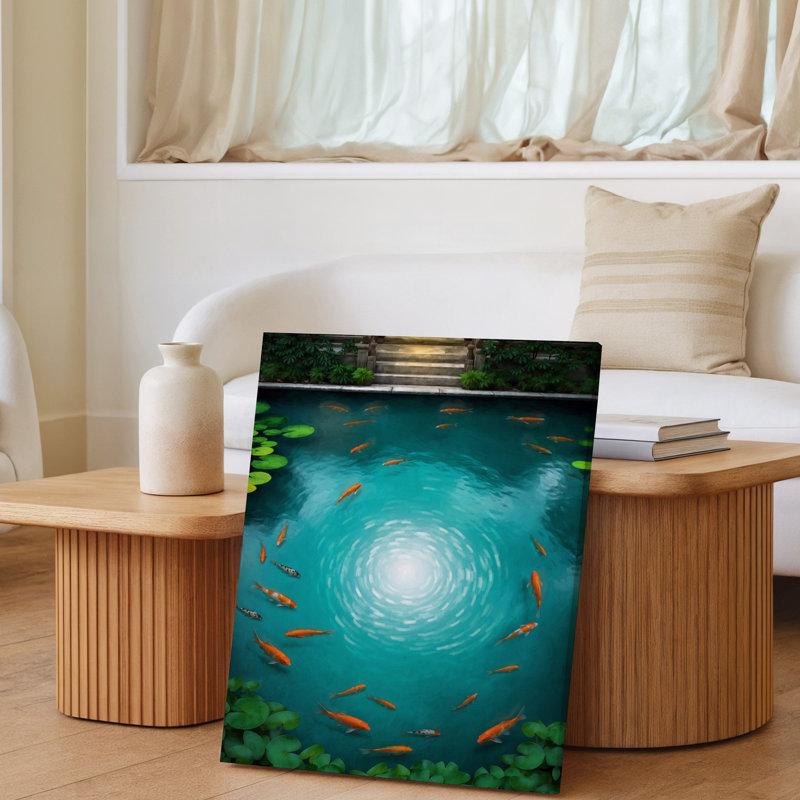 Toile, "Serene Pond Scene Captured From Above", art mural vibrant Koi, H 30 po x l 20 po