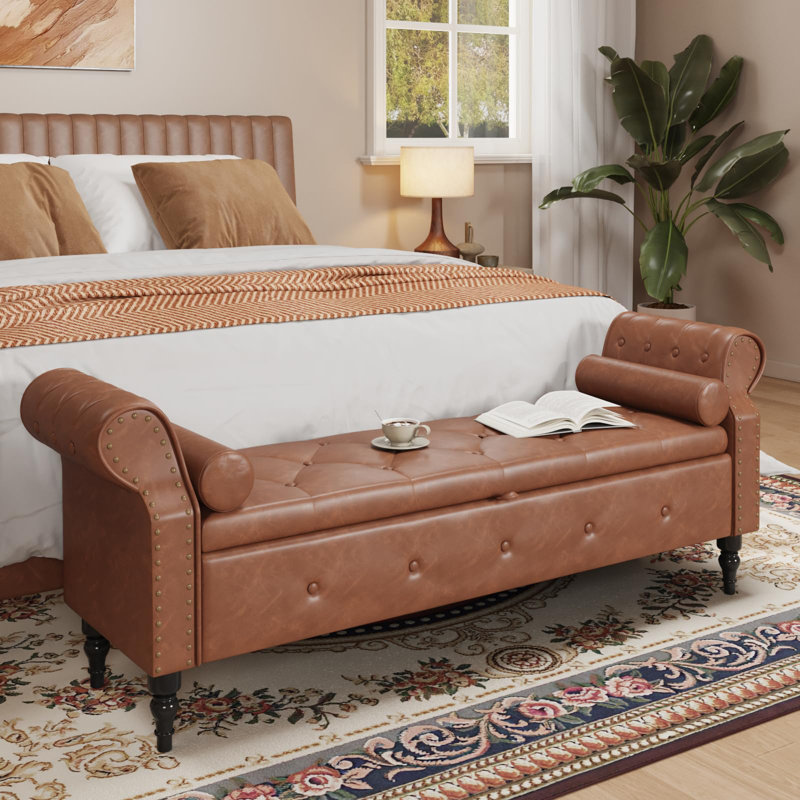  Banc de chambre 65 "avec rangement, bancs de lit en similicuir avec boutons capitonnés, Brun