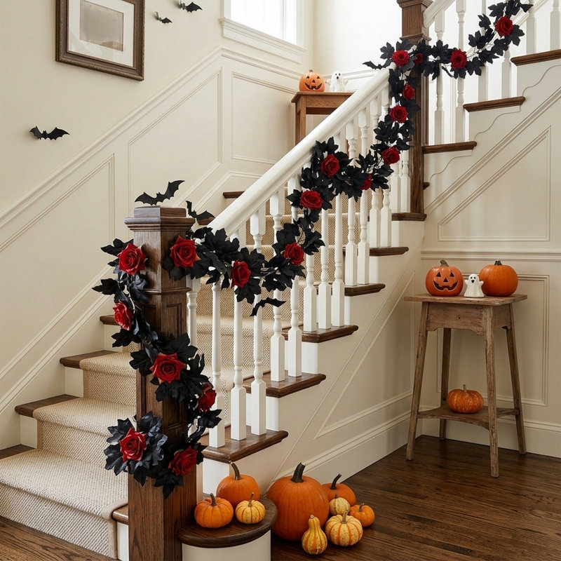 Guirlande artificielle d'Halloween de 175 cm, 2 feuilles d'érable noires et roses rouges, décor gothique pour porte d'entrée, mur ou cheminée.