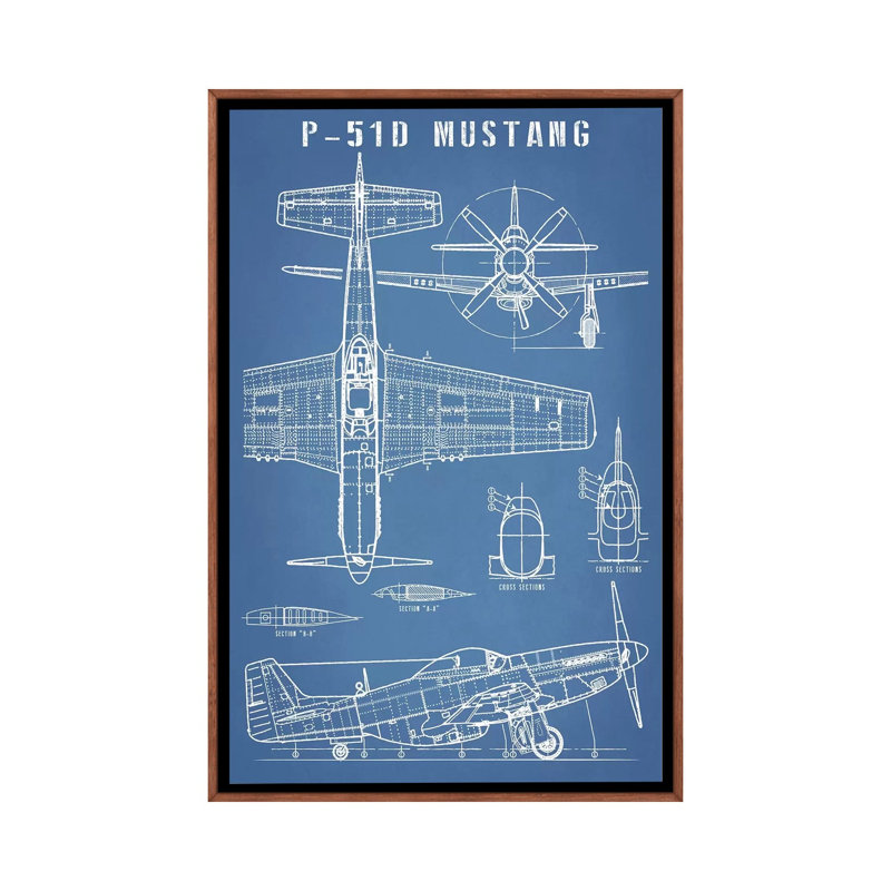 P-51 Mustang-imprimé rétro avion, H 60 po x l 40po x P 1,5 po, Toile avec cadre en bois brun classique, Pas de tapis