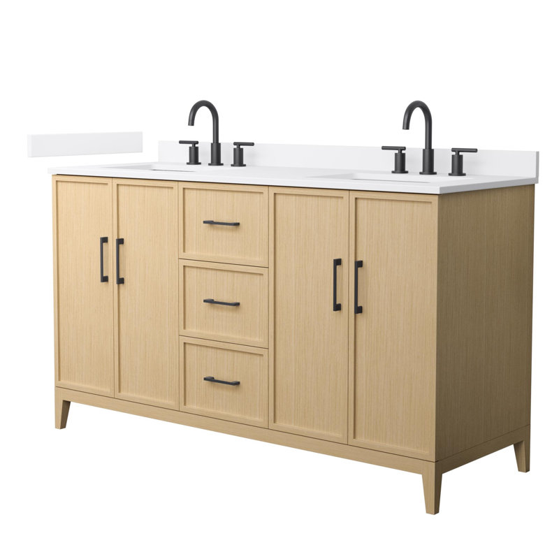 Ensemble de meuble-lavabo double 60 po Elan, Chêne blanc avec bordure noir mat, Comptoir en marbre de culture blanc