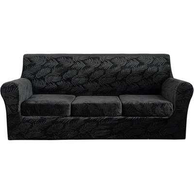 Sofa Slipcover Set – Black – Velvet Embossed Fabric, Soft Plush Texture, Washable, 4-Piece Design, Fits 3-Cushion Sofa
