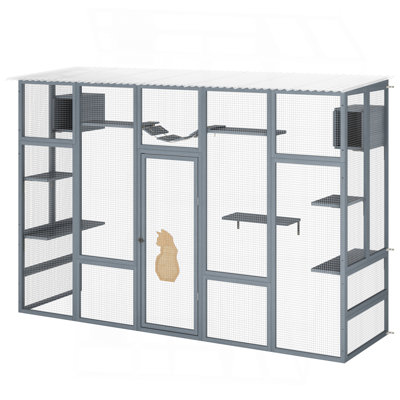 Enclos pour chat en bois avec 6 plateformes de saut, 2 condos pour chat, pont pour chat et planche à gratter, gris