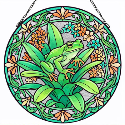 Frog Floral Stained Glass Window Panel，7.8H