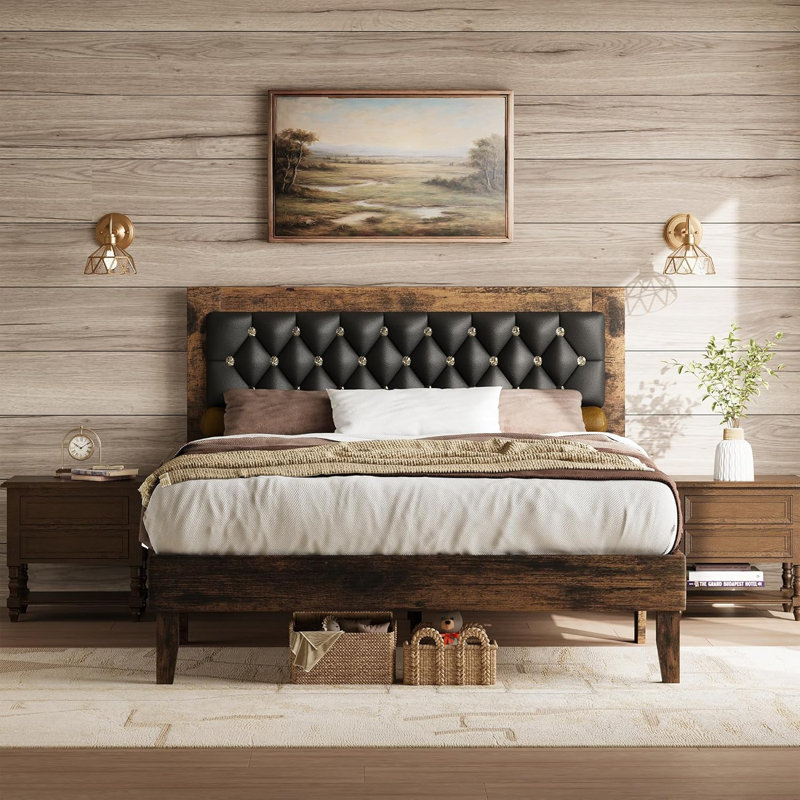 Wooden Platform Bed Frame with Diamond Tufted Design, Full