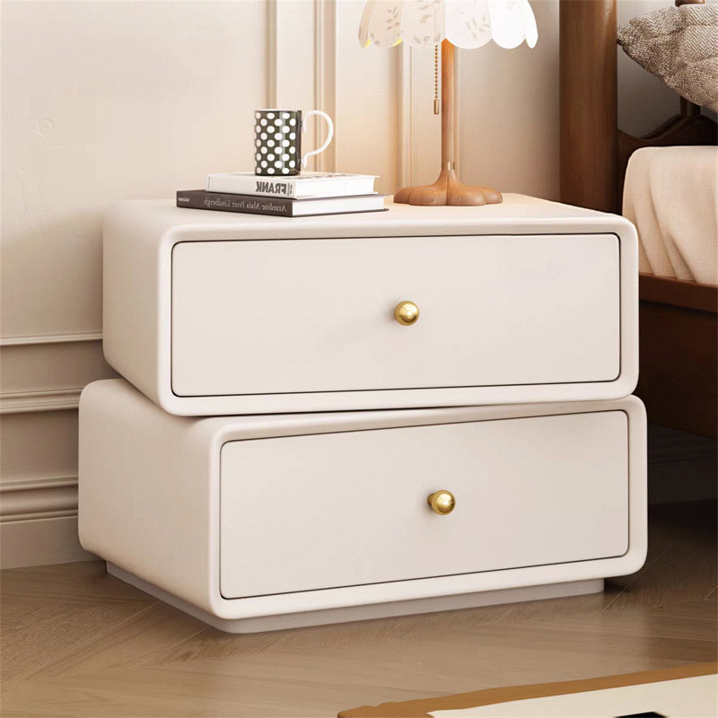 360° Rotating Nightstand with 2 Drawers, Modern Leather Top and Solid Wood Frame, Swivel Bedside Table for Small Spaces, Living Room, Bedroom