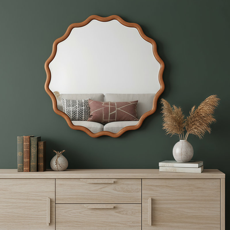Miroir décoratif en bois massif, pour chambre à coucher, salle de bain, salon, entrée, Brun jaune, 36 po x 36 po