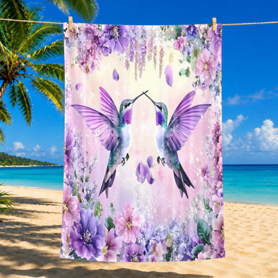 1Pcs Hummingbird Floral Beach Towel, featuring two iridescent hummingbirds amidst vibrant purple and pink flowers, watercolor style. Large microfiber, perfect for, swimming, travel, unisex design.