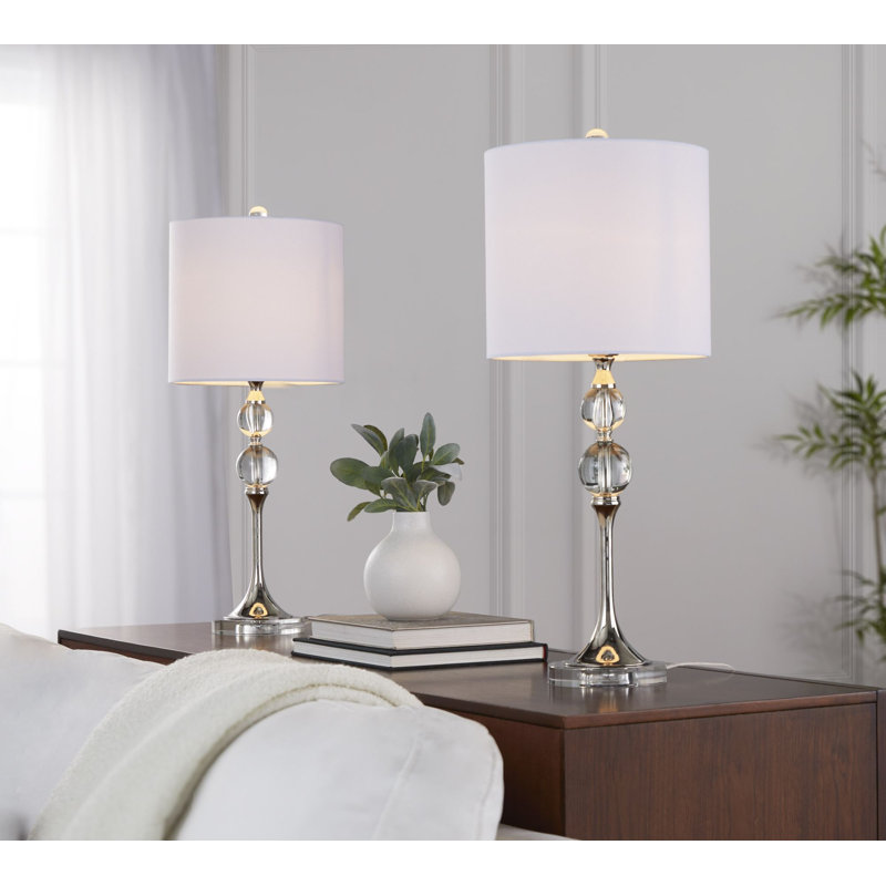 Lampe de table contemporaine 26 "en cristal transparent et nickel poli avec abat-jour en lin blanc, ensemble de 2