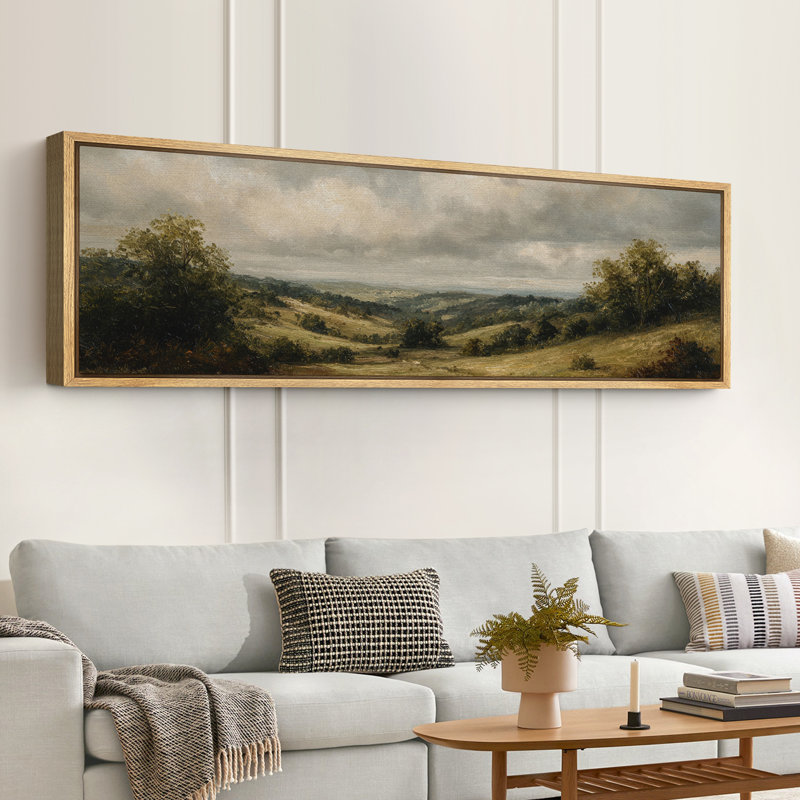 Rolling Countryside Landscape Large Framed Canvas Print Wall Art for Traditional Rustic Decor, 20" H x 60" W, Natural
