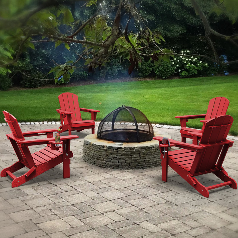 Wolak High Density Polyethylene Folding Adirondack Chair With Double Cup Holder(Set Of 4), Red