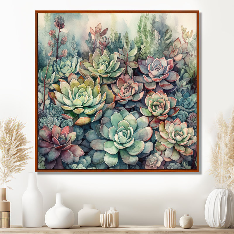 «Haidan Green Red Cactus Scenery I», reproduction sur toile, H 36 po x l 36 po, Cadre flottant brun