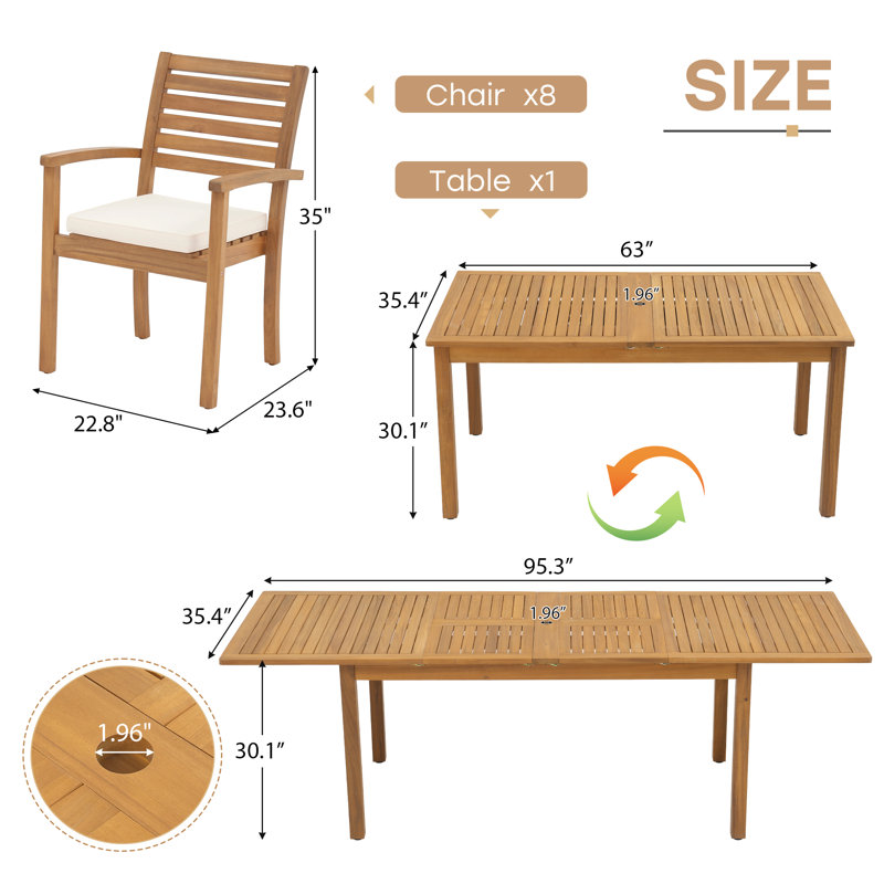 Kilani 8 - Person Acacia Wood Patio Dining Set With Extendable Rectangular Table, Beige