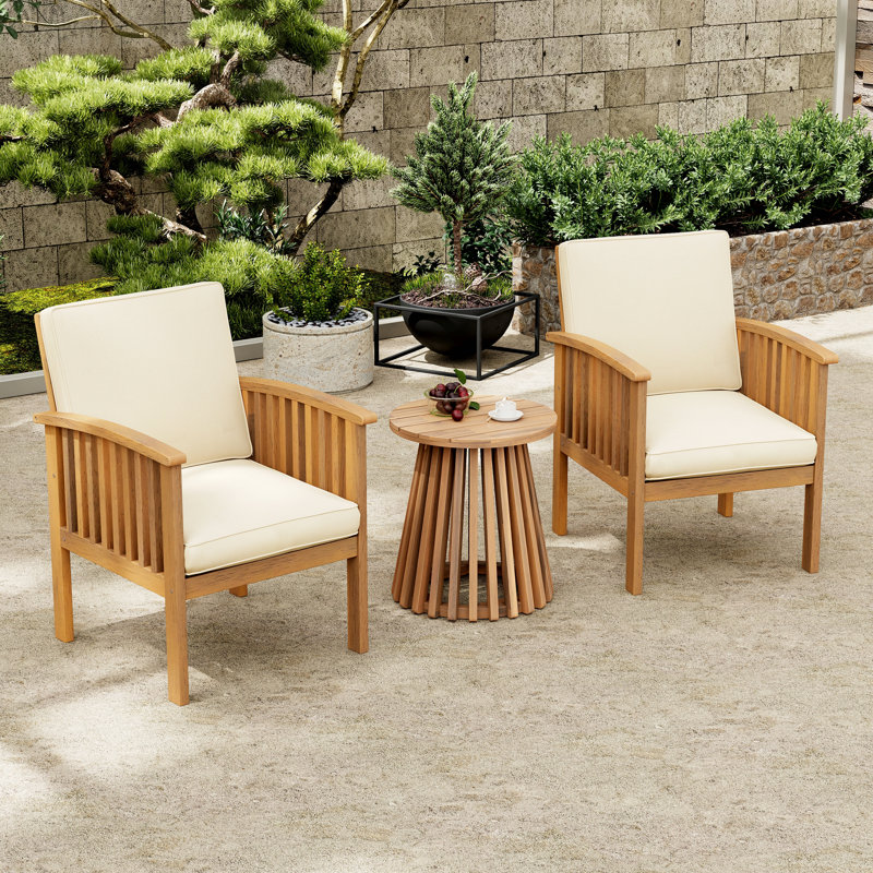 Patio Set Outdoor Acacia Wood Furniture Sets-Modern Club Chair Conversation Sets With Foldable End Table For Garden, Patio & Deck