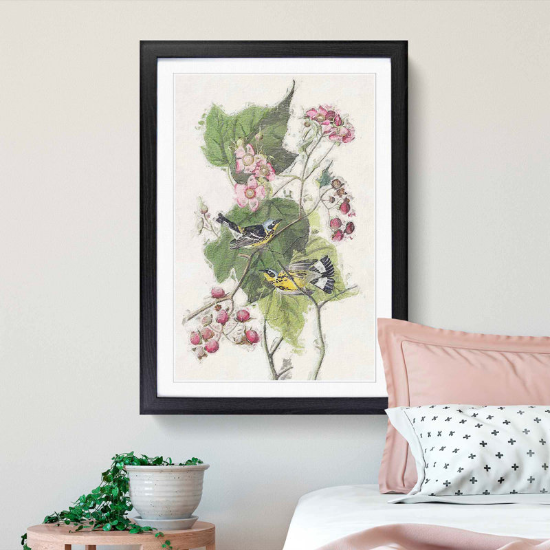 Black & Yellow Warbler Birds by John James Audubon - Picture Frame Painting Print, 65cm H x 48cm W x 2cm D, Black Framed