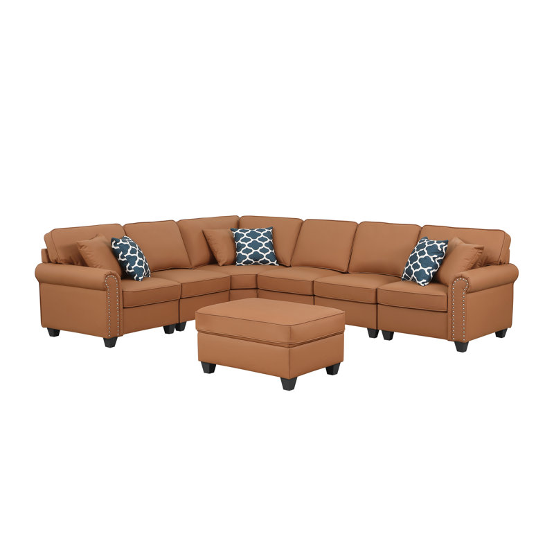 Bozhanka Artificial Leather Modular Sectional With Ottoman, Brown Faux Leather