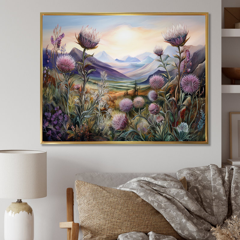 «Mauve chardon champ montagne breloque - chardon», art mural encadré, Cadre flottant doré, H 16 po x l 32 po x P 1 po