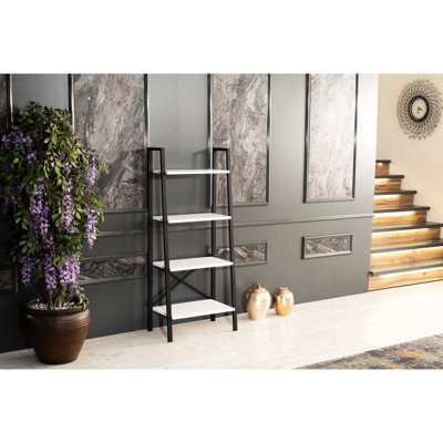 Organisateur de bibliothèque moderne blanc à 5 niveaux, bibliothèque en bois massif avec cadre en métal pour espaces de vie restreints et espaces de bureau en blanc, espaces restreints