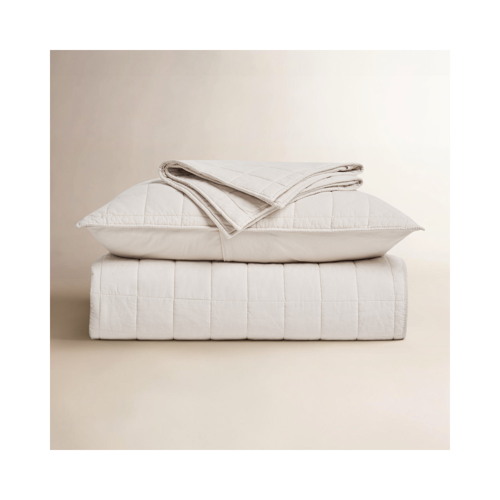 100% Cotton Box Stitch Quilt Set, Birch, King Quilt + 2 King Shams
