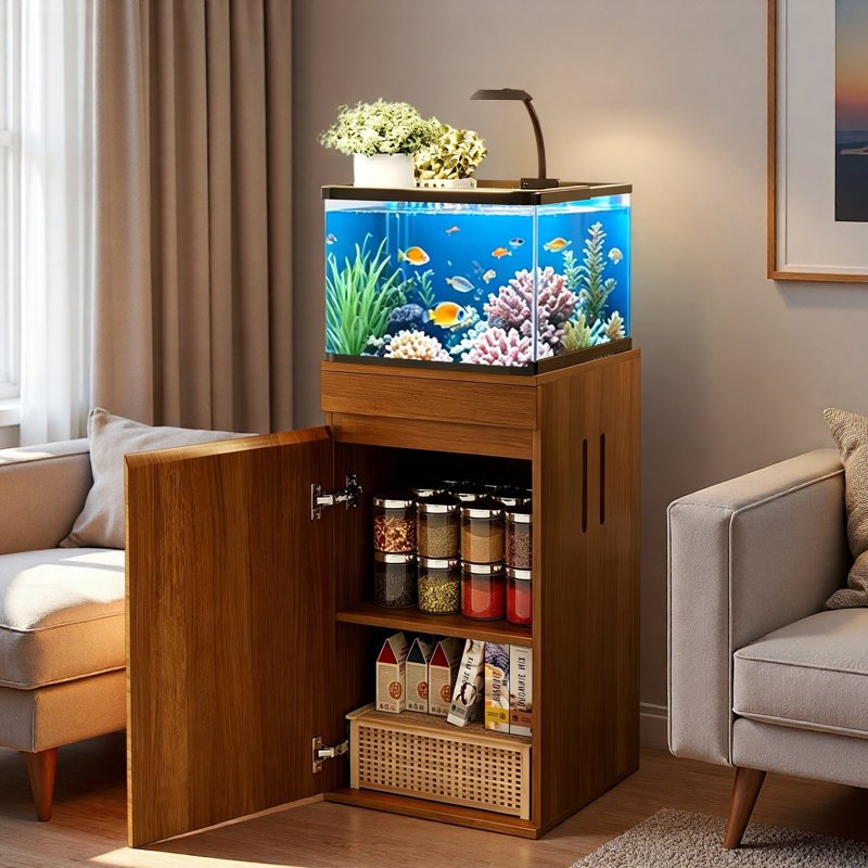 Support d'aquarium avec armoire de rangement, prises de courant et tablette réglable en hauteur
