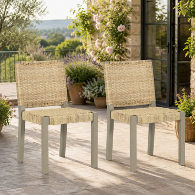2-Piece Farmhouse Dining Chairs with Handwoven Rattan Back, Solid Wood Legs, Champagne Finish, Modern Indoor Outdoor Patio Seating for Kitchen Dining Room Porch