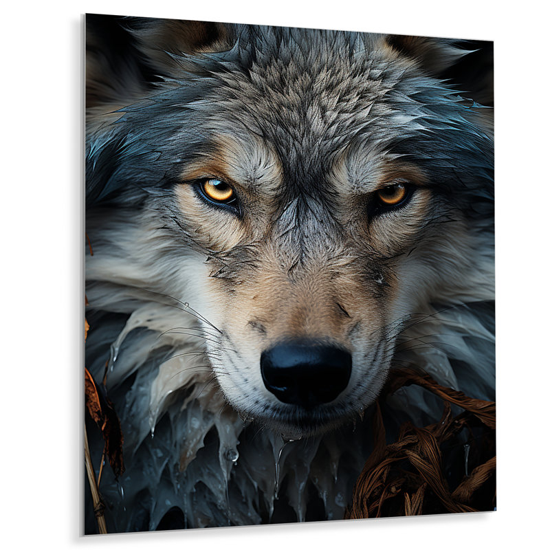 Portrait de loup gris et blanc III - animaux, reproduction d'art murale en métal, H 32 po x l 16 po x P 1 po