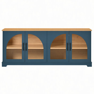 Meuble télé Farmhouse avec portes en verre semi-arquées pour téléviseurs de 70 po ou moins, console multimédia élégante à deux tons avec tablettes réglables, buffet à grain de bois avec gestion des câbles pour le salon