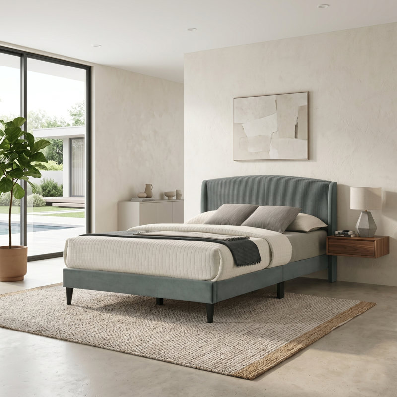 Jolande Contemporary Queen Upholstered Bed with Curved Headboard, Queen, Gray