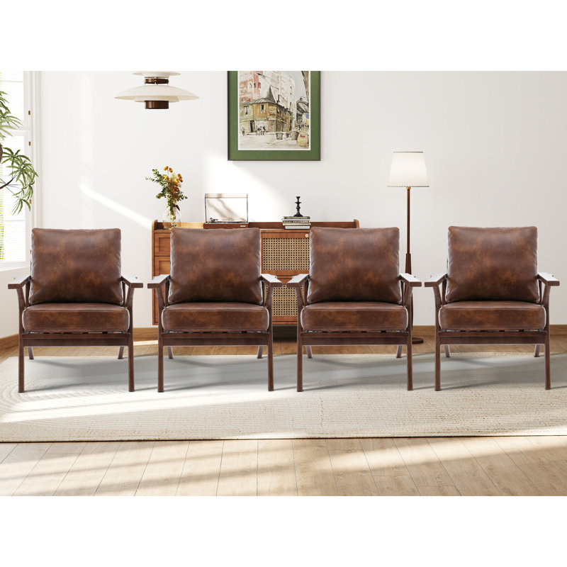 Joichiro 29.5" W Vegan Leather Upholstered Accent Chair with Solid Wood Frame, Brown, 4