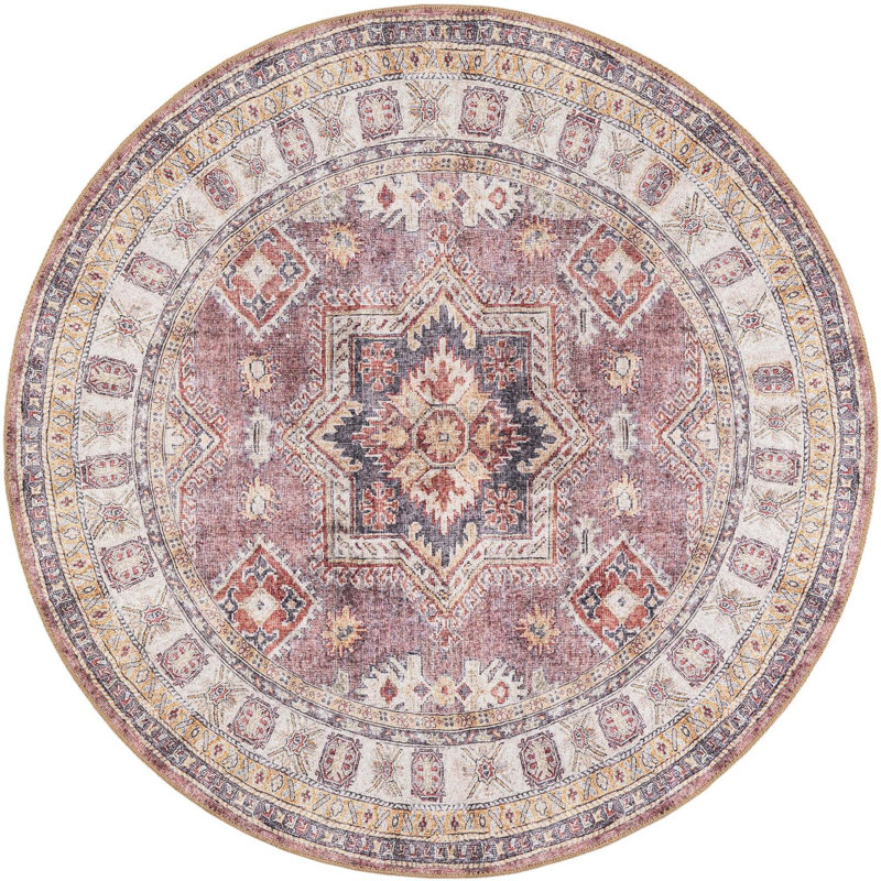 None Huguenot Area Rug Antique Rose Pink Color, Round 5'1"