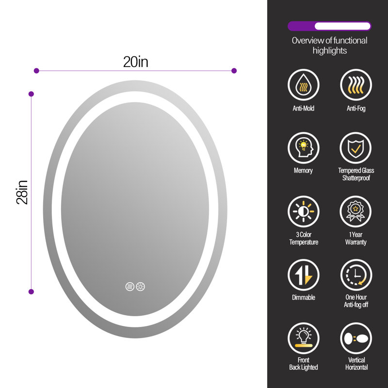 Lunara UL Certified Oval LED Wall Mirror with Bright Front Light&Backlit 192LEDs/m, 3-Colors Dimmable, Defogger, IP54 Waterproof