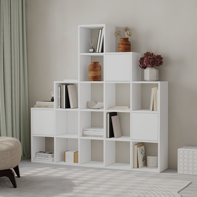 Anyila Corner Bookcase with Modular Cube Design Open and Concealed Shelves Push-to-Open Doors Modern Ladder-Style, White