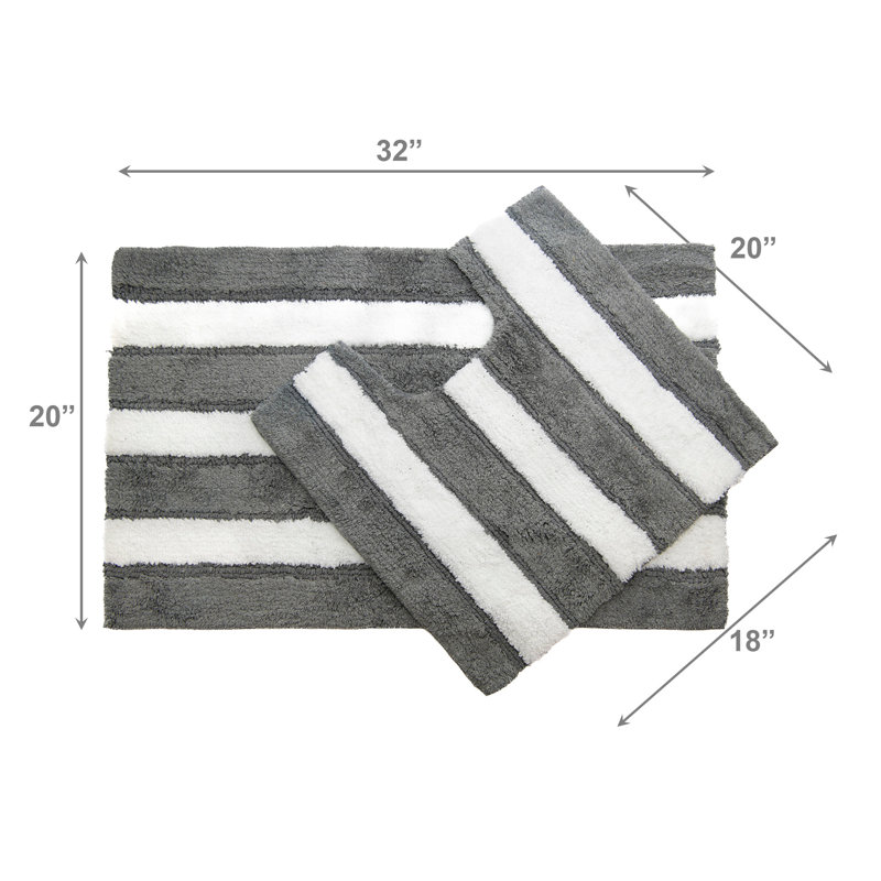 Haight 2Pc Cotton-Poly Bath Mat Set White/Grey Stripes, White/Gray