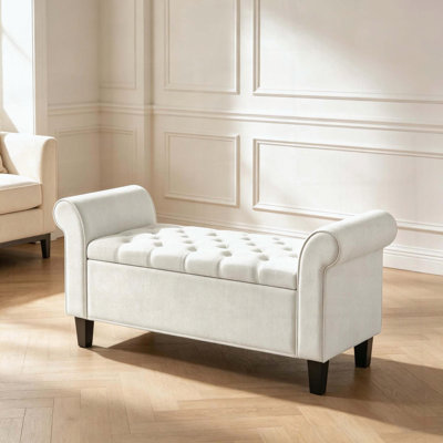 Tufted Storage Bench in Cream White with Rolled Arms