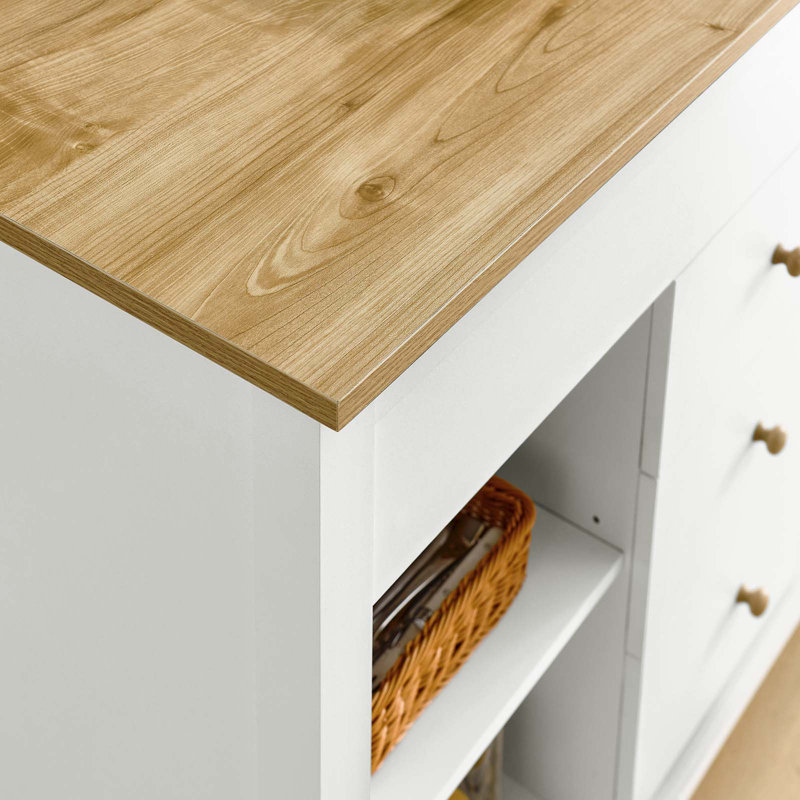 White and Natural Wood Grain Kitchen Island with Storage