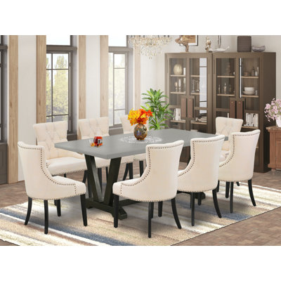 9 Piece Dining Room Set Includes a Rectangle Kitchen Table with V-Legs and 8 Light Beige Linen Fabric Upholstered Parson Chairs, Wire Brushed Black