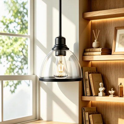 8-in Matte Black Modern Pendant Light with Clear Glass Shade, Hanging Ceiling Light Fixture, For Kitchen Island Dining Room, E26 Bulb Base