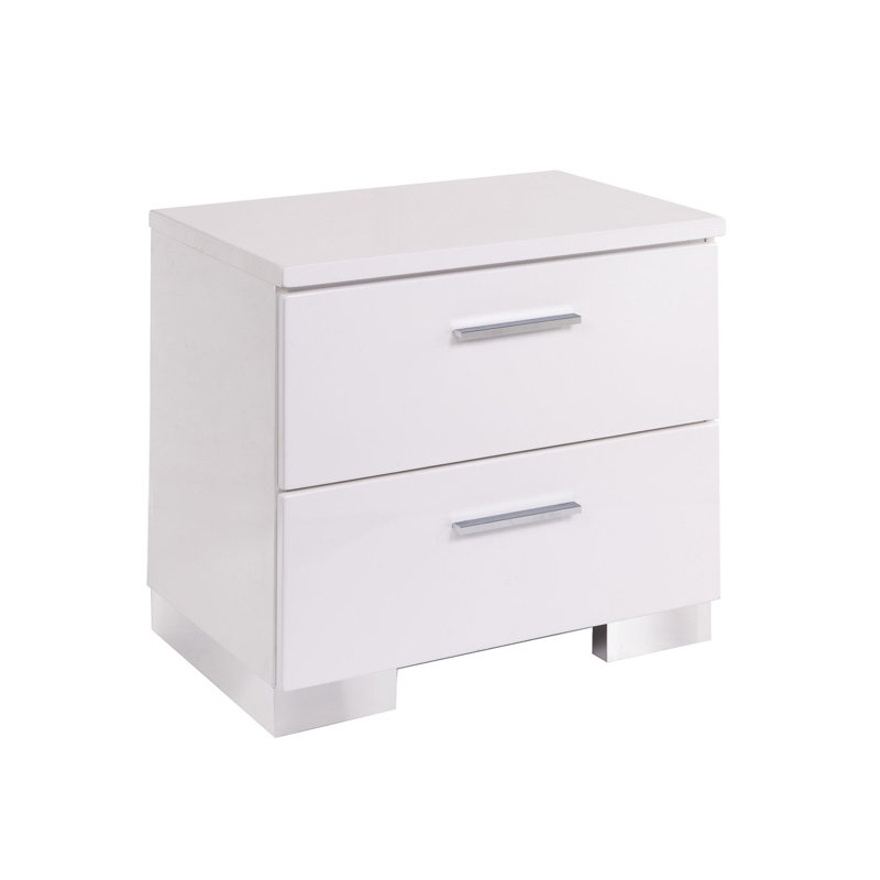 Table de chevet 2 tiroirs avec surface brillante blanche et pieds pour la chambre à coucher