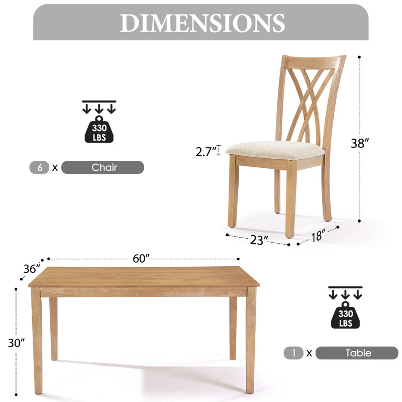 Table de salle à manger de 60 po x l 36 po avec 6 chaises de salle à manger en bois