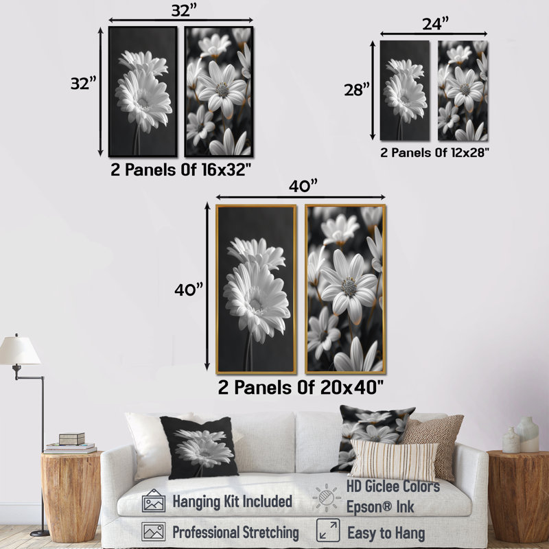 Monochromes noir et blanc «Bliss Daisy Photo I - Daisies Wall Art», ensemble de 2 pièces, H 28 po x l 24 po, Érable