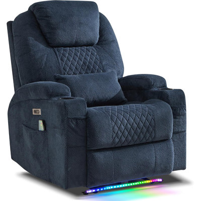 Fauteuil inclinable électrique Zero Wall Hugger, avec fonction massage et chauffage, éclairage DEL, ports USB, porte-gobelets, coussin lombaire, poche latérale et revêtement en tissu doux.